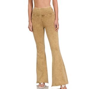 Bkindcity Women’s XL Acid Wash Green High Waist Raw Edge Flare Hem Pants